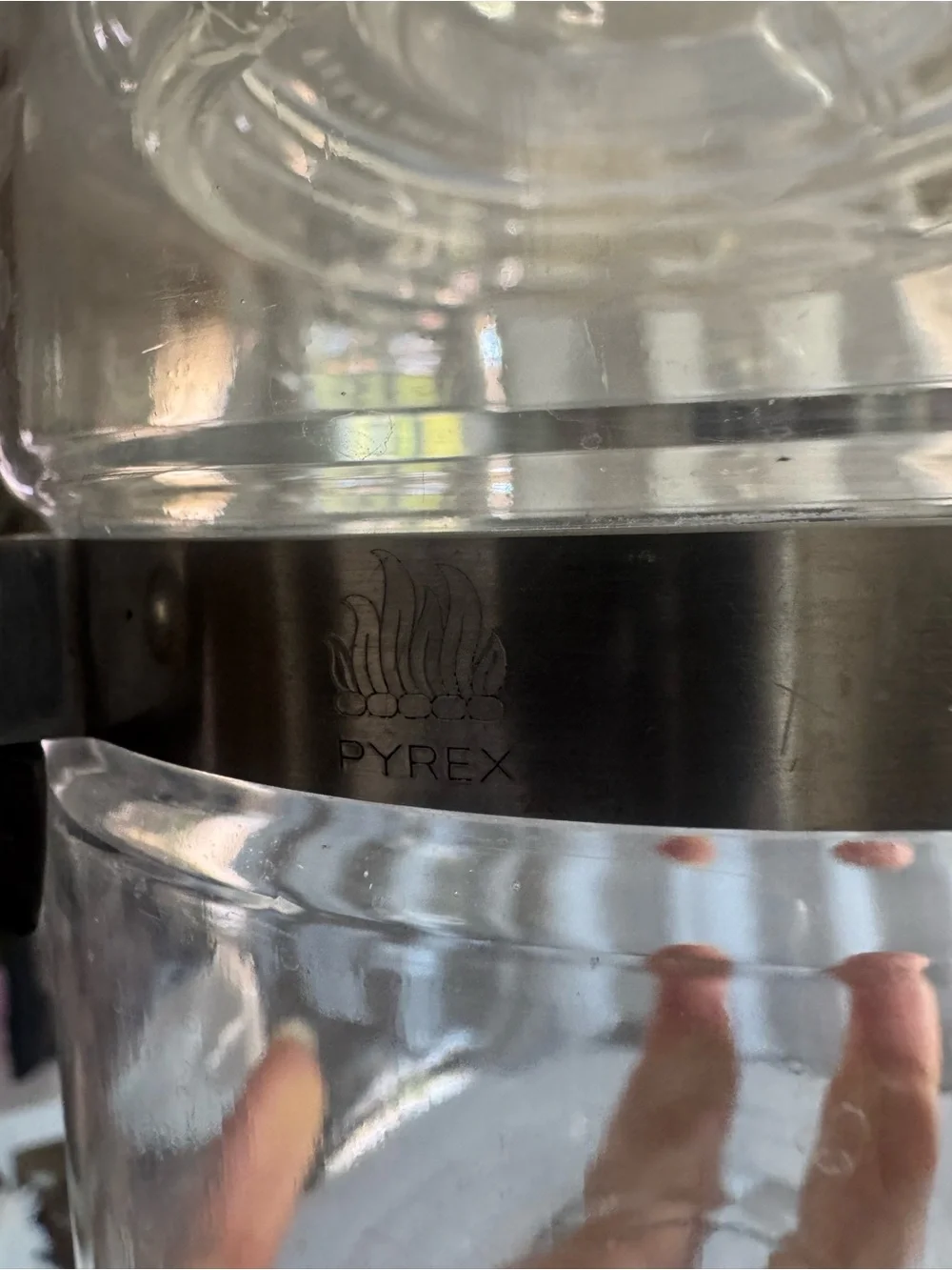 Pyrex Clear Glass Coffee Pot with Black Handle and Silver Band